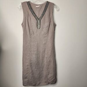 Lina Tomei Linen Shift Dress  Gray Sleeveless with Beaded Neckline Sz S